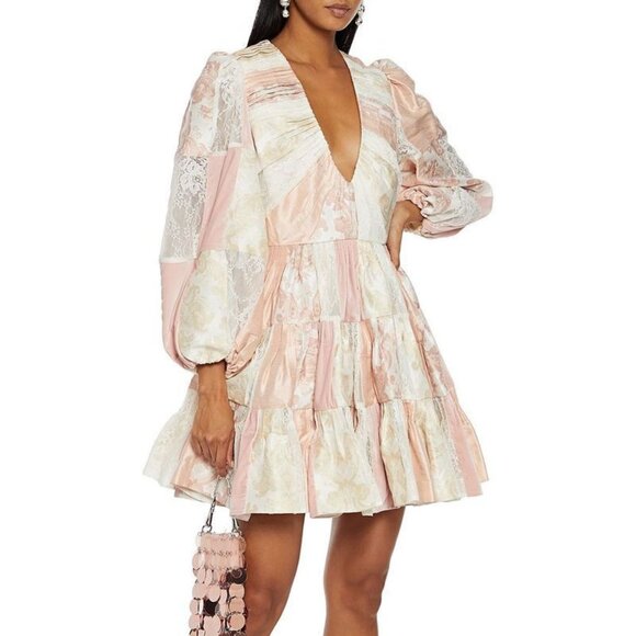 ZIMMERMAN PATCHWORK SILK LACE MINI DRESS
